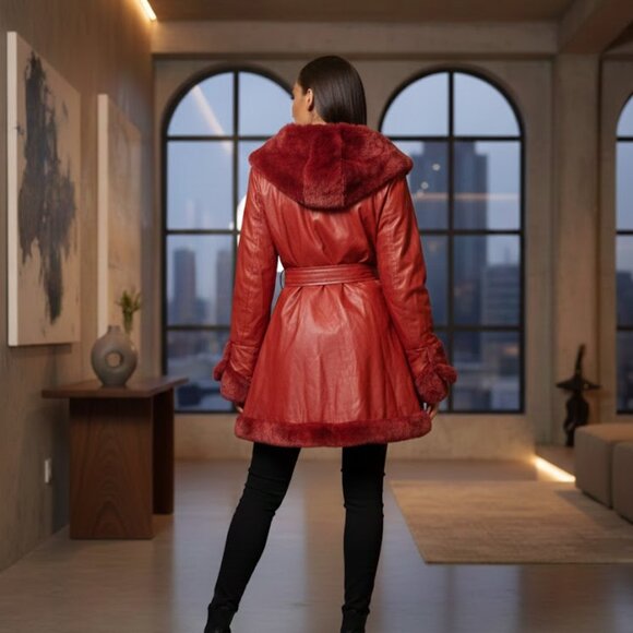 Burgundy Deep Red Faux Leather Fur Trimmed Coat Jacket A Line Peplum Style L 12 - Picture 2 of 6